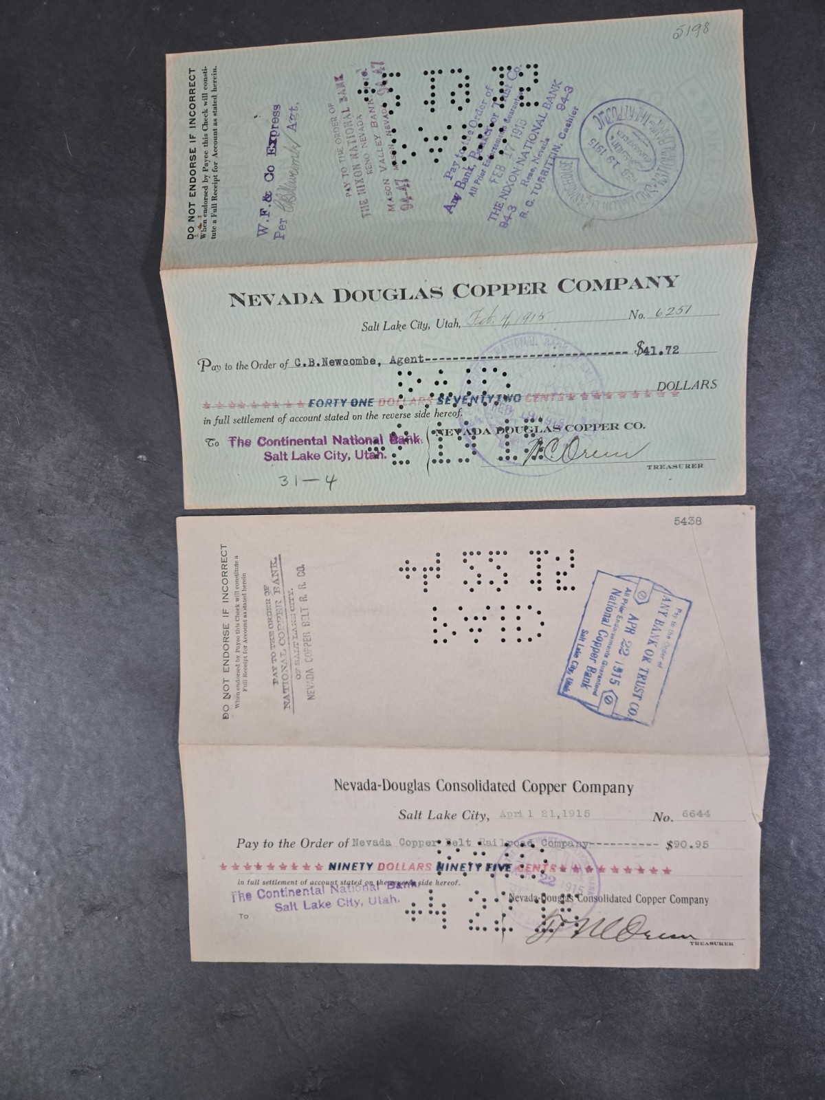 (2) Nevada Douglas Copper Co. (1915) Cashed Checks Salt Lk. City, Utah