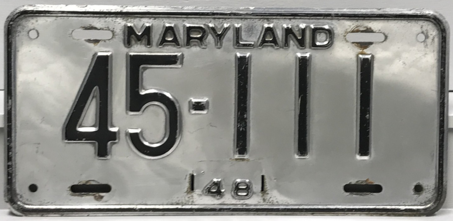 1948 Maryland License Plate 45-111 Aluminum