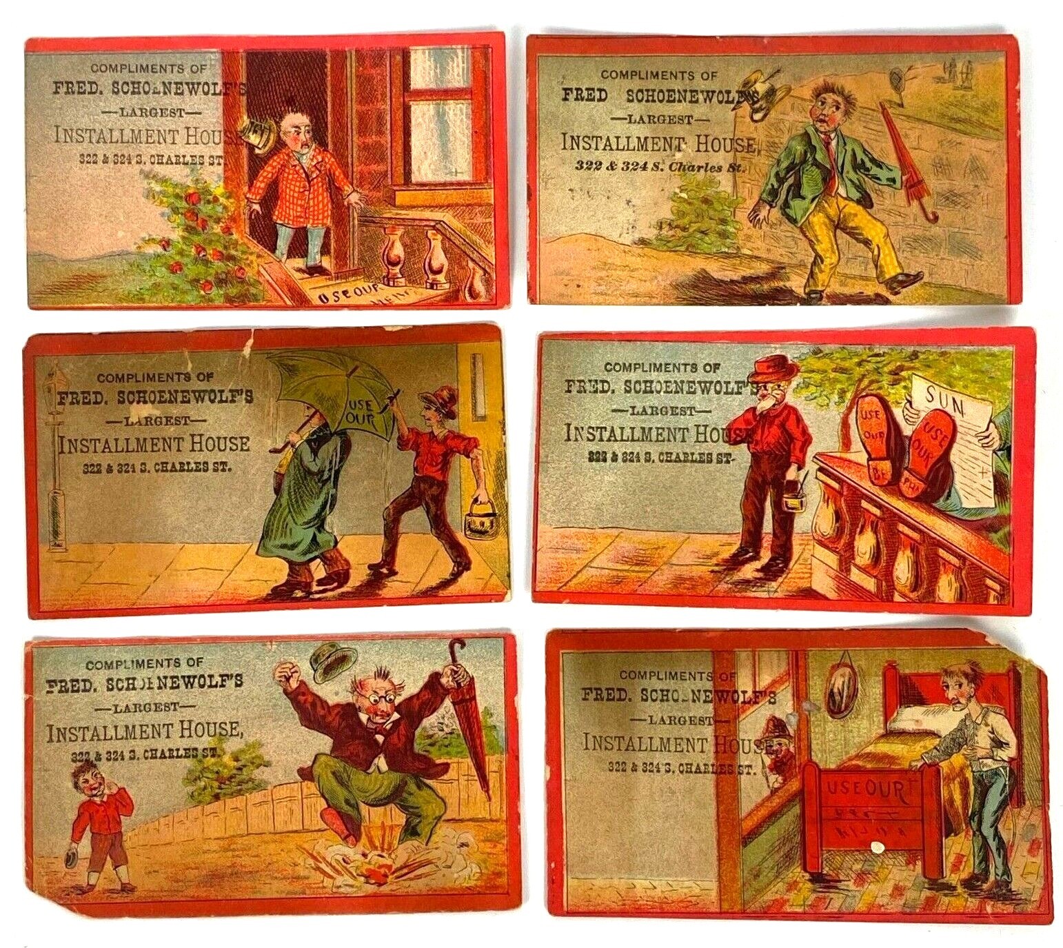 6 Trade Cards Fred Schoenwolf\'s Largest Installment House New York VTG Victorian