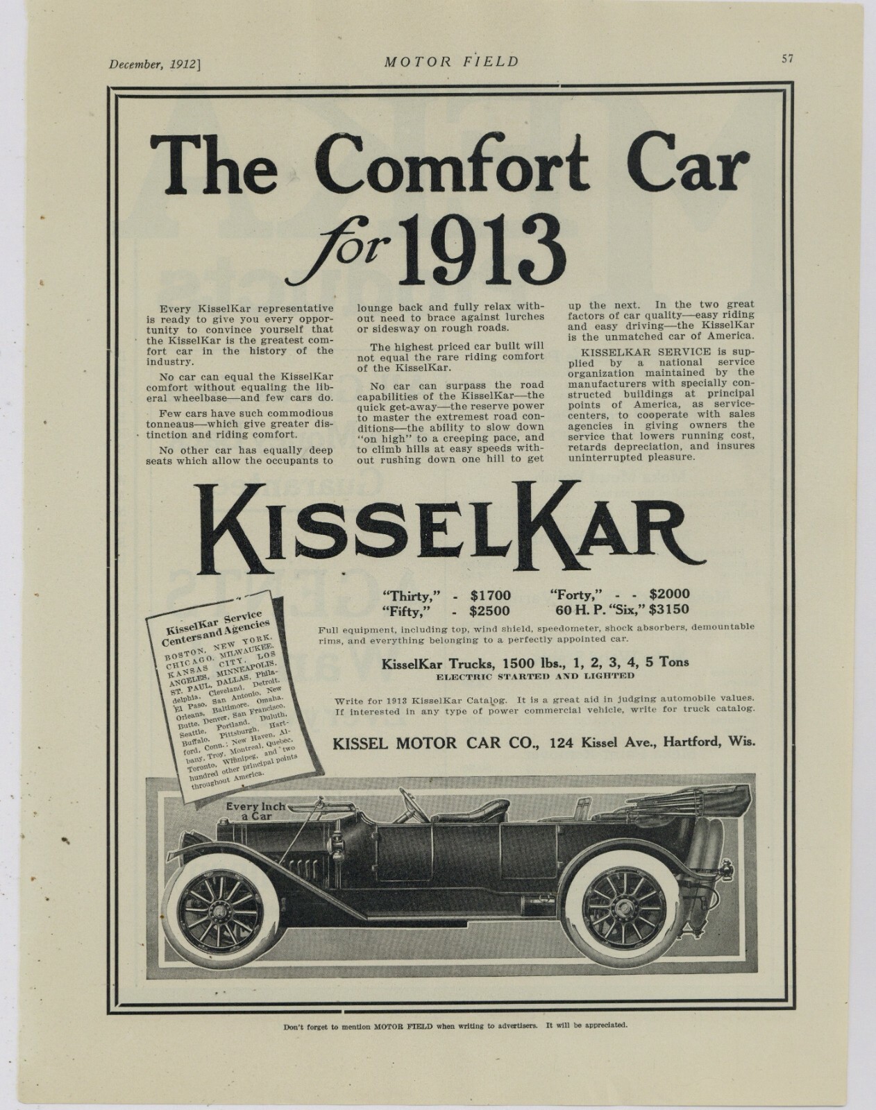 1912/13 Kissel Motor Car Co. Ad: KisselKar - Every Inch A Car - Hartford, WI