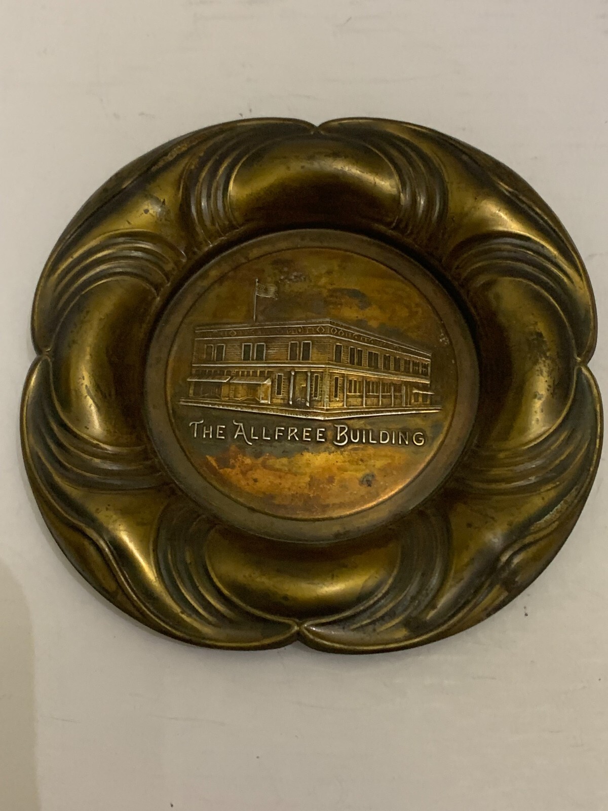 Antique The Allfree Building Newton Iowa Souvenir Metal Trinket Tray