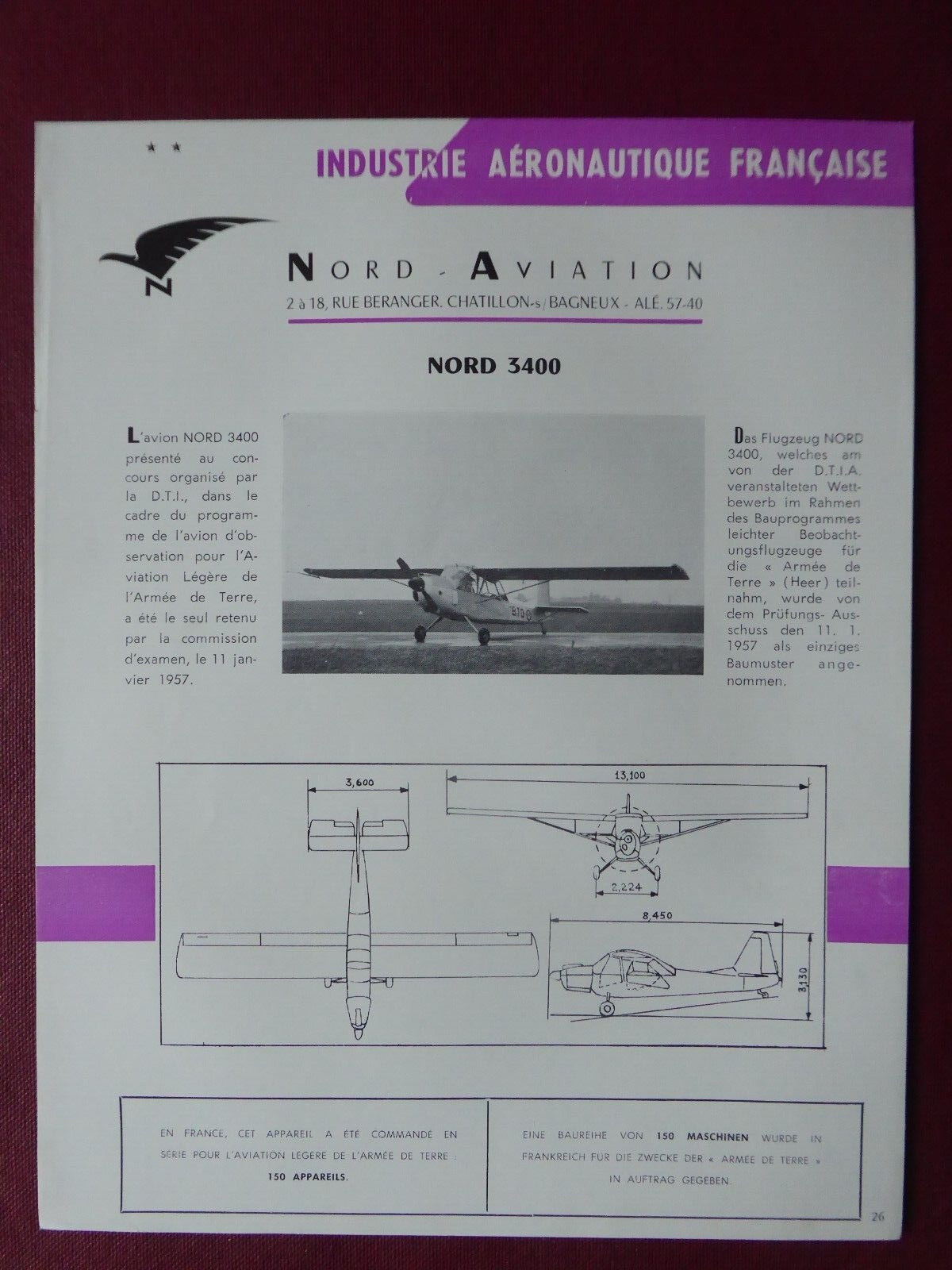 DOCUMENT USIAS NORD AVIATION AVION NORD 3400 ALAT DOCUMENT USIAS NORD AVIATION AVION NORD 3400 ALAT