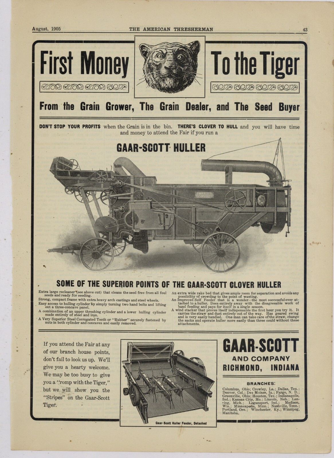 1905 Gaar Scott Ad: Clover Huller - First Money to the Tiger - Richmond Indiana