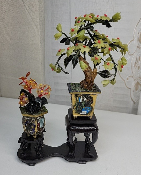 2 Small VTG Jade Flower Trees/Plants Cloisonne\' Brass Pots & Wood Stand