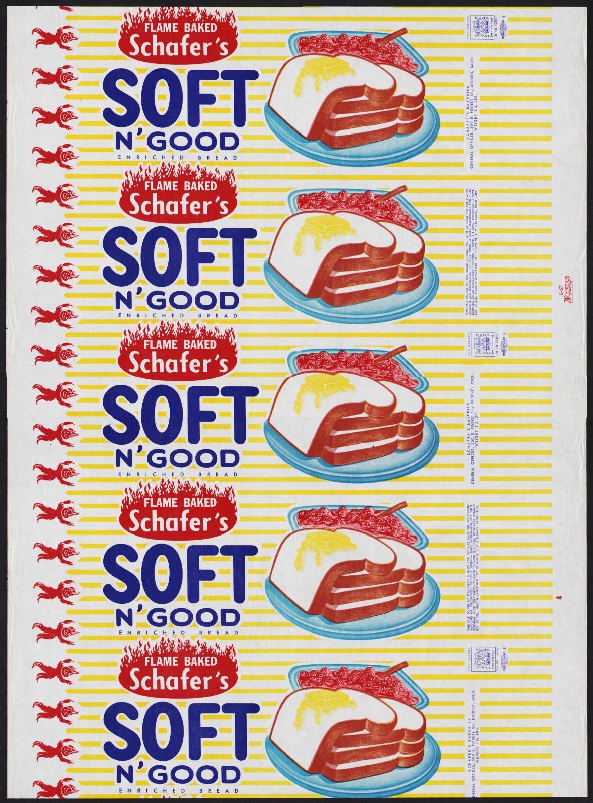 Vintage bread wrapper SCHAFERS FLAME BAKED dated 1957 Detroit Michigan unused Vintage bread wrapper SCHAFERS FLAME BAKED dated 1957 Detroit Michigan unused