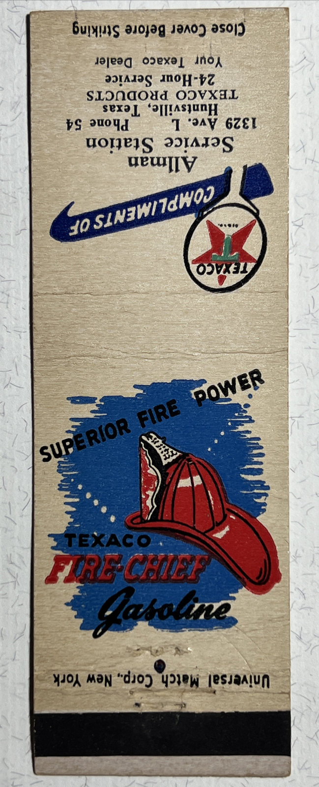 Vintage Texaco Fire-Chief Matchbook Cover Allman Service - Huntsville, Texas