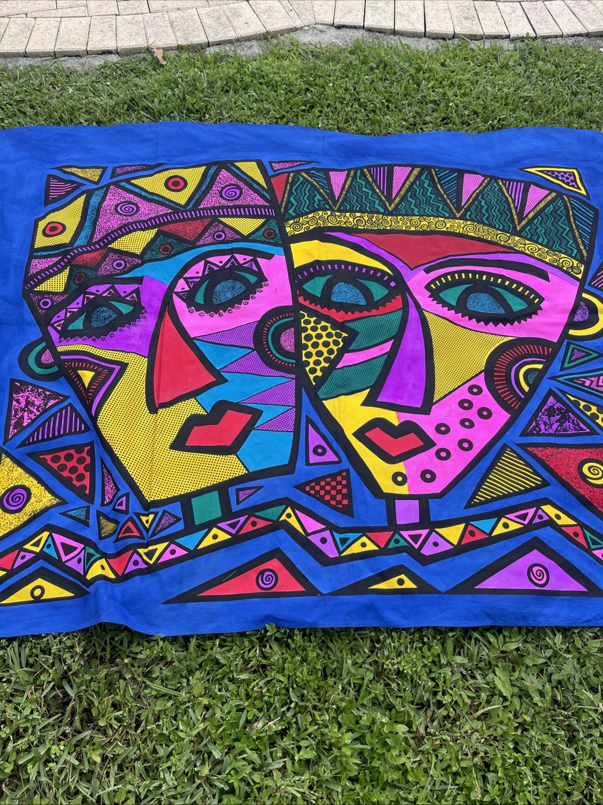 Vtg African Sky Wall Art  Hand Printed & Painted Afrocentric Pop Art Tapestry