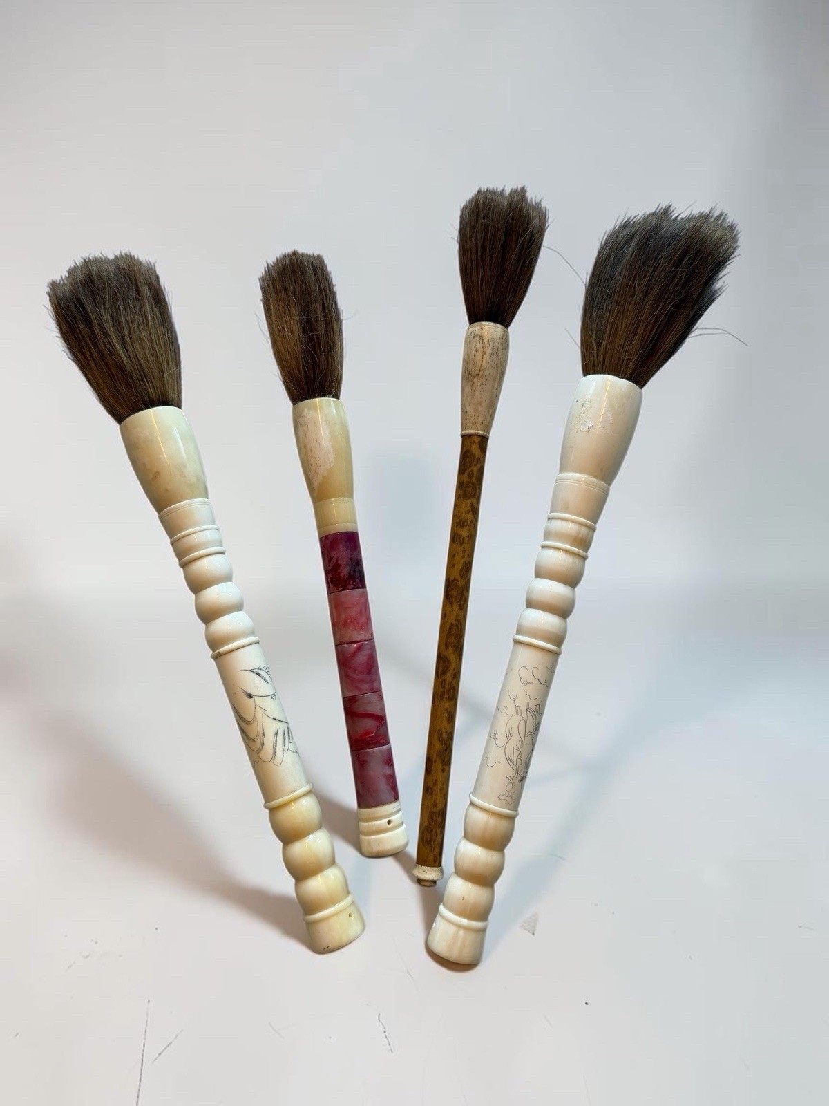 Set 4 Vintage Chinese Calligraphy Brush Jade Stone Beads Bone Handle Horse Hair