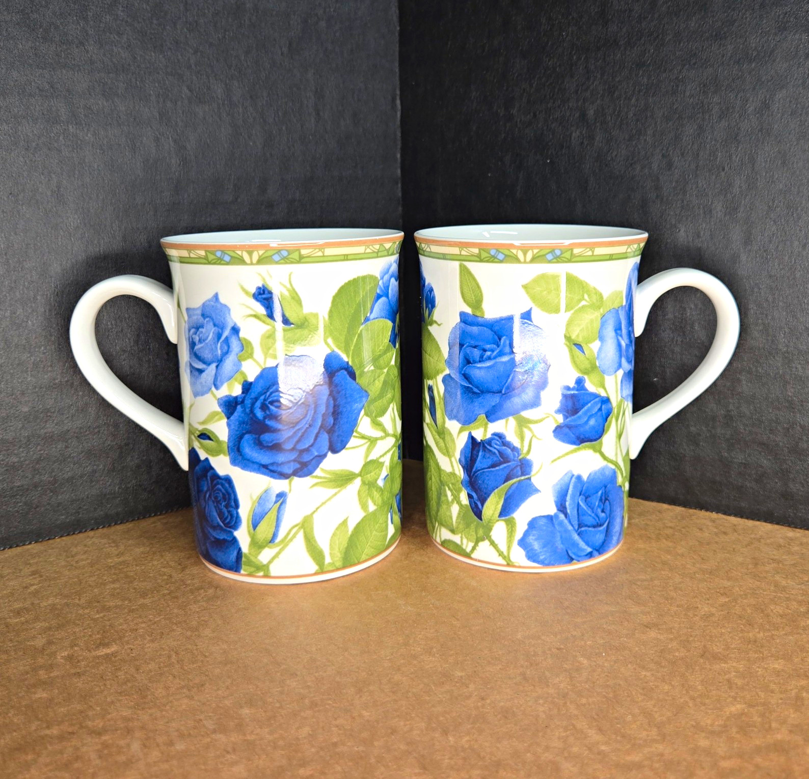Royal Bone China Blue Roses Mugs Set of 2 Collectors Series Thailand Coffee Cup
