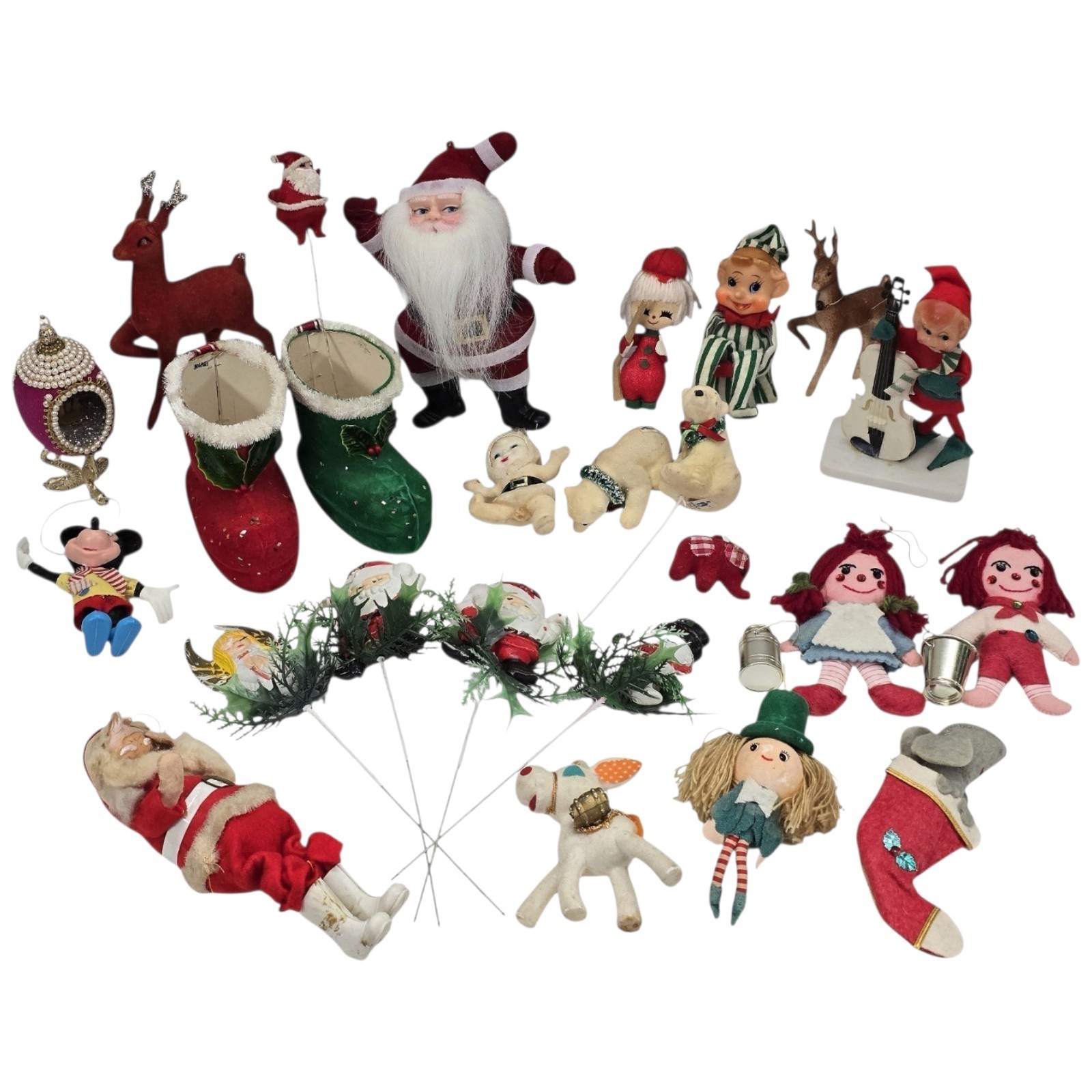 Vtg Kitschy Christmas Lot 25pc Inarco Elves Santa Flocked Japan Ornaments 1\ Vtg Kitschy Christmas Lot 25pc Inarco Elves Santa Flocked Japan Ornaments 1\