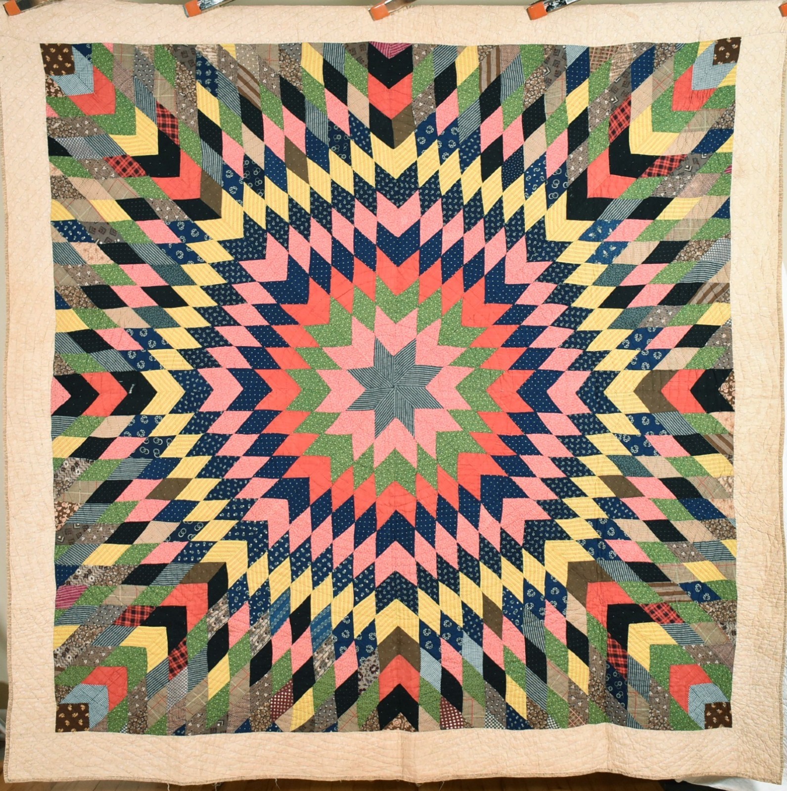 DAZZLING Vintage 1870's Star Burst Antique Quilt ~Great Design & Early Fabrics