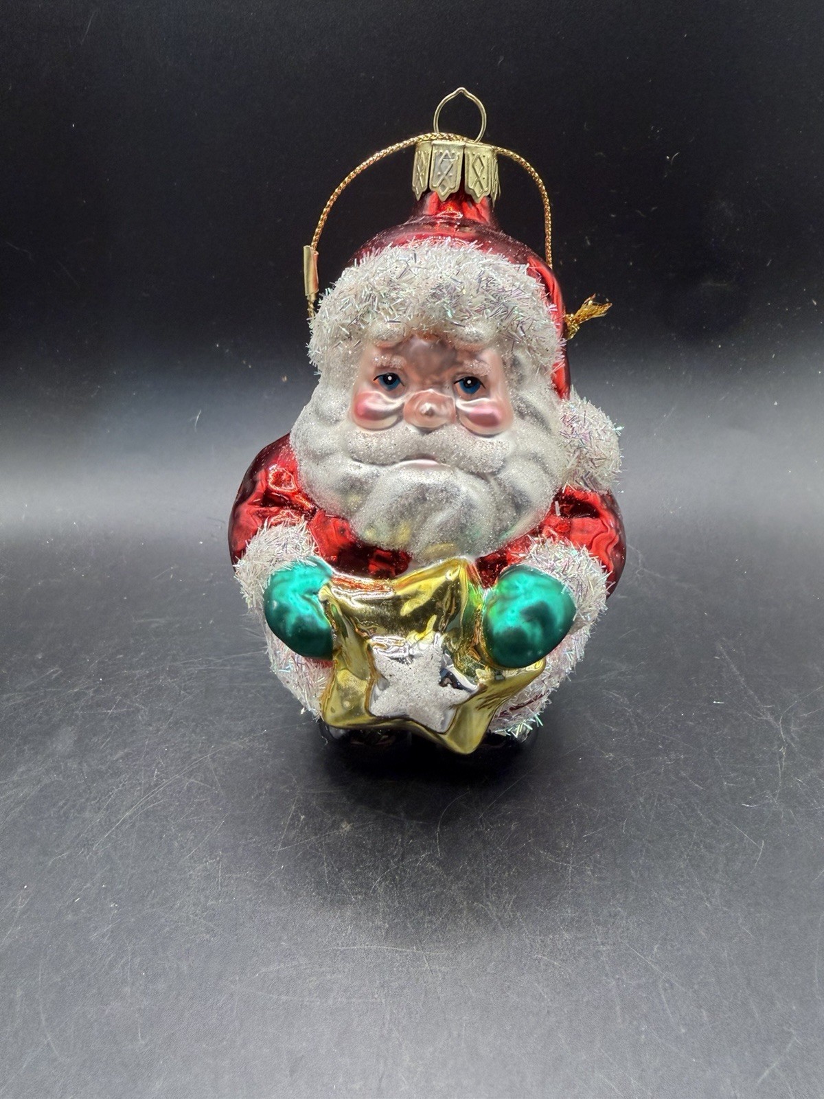 Vintage Blown Glass Santa Christmas Ornament Holding Star Tinsel Trim 4.5