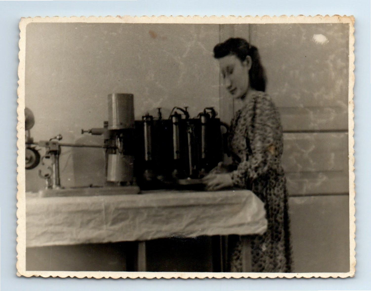 Photo Portrait USSR Woman Swept Back Hair Patterned Dress Side Profile