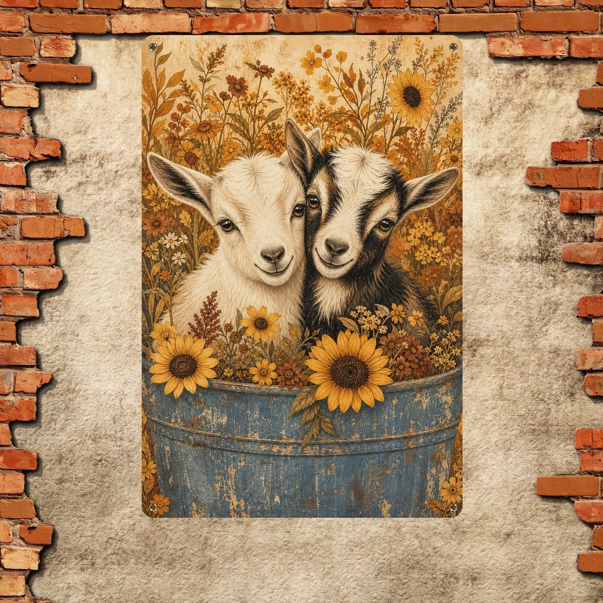 Two Adorable Goats Portrait Autumn Flowers Country Tin Plaque