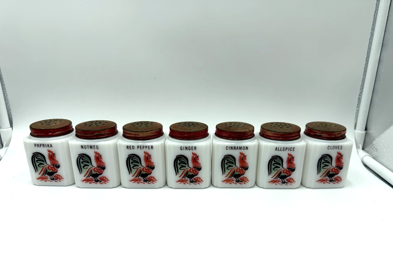 Set 7 Vintage 1930s McKee Tipp City Milk Glass Rooster Spice Jars Original