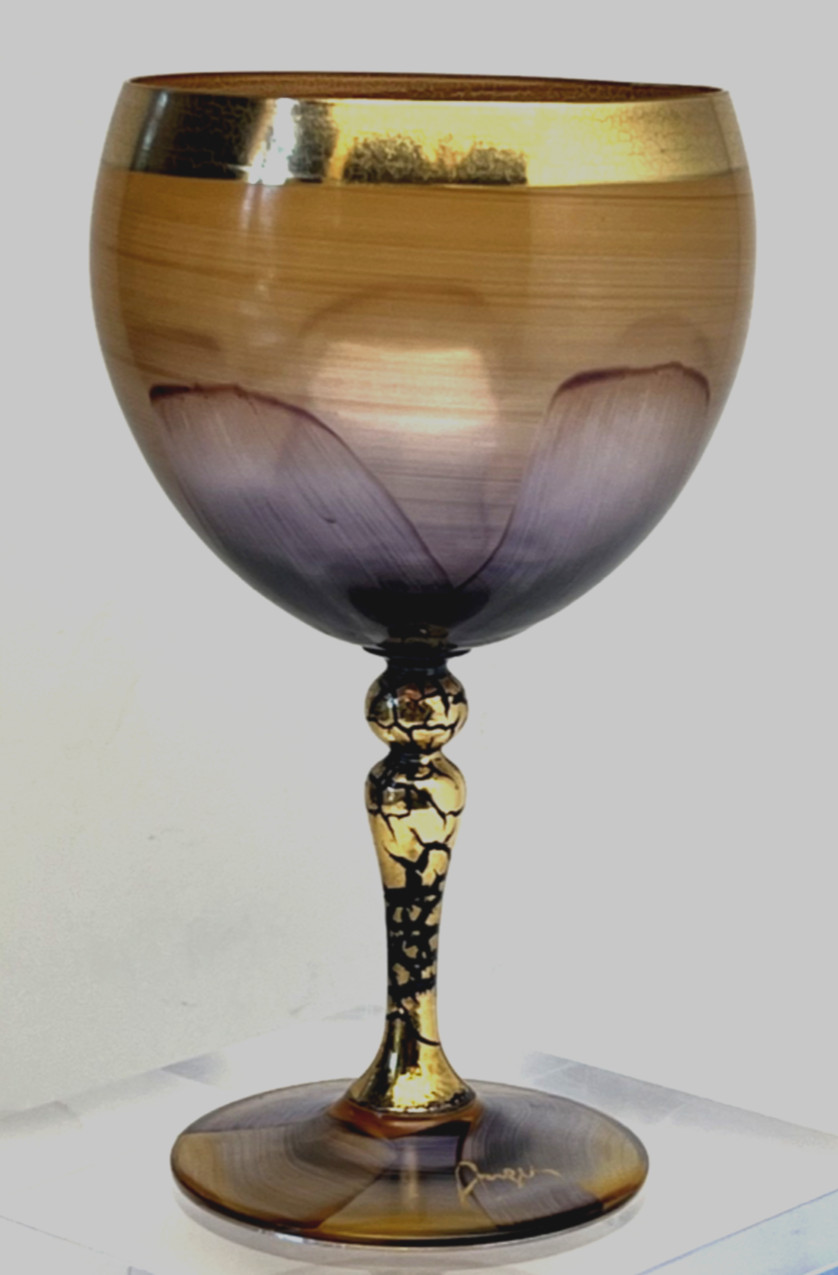 Wine Goblet Hand Painted Amber & Purple, 24K Gold Trim, VINTAGE, Mint Cond.