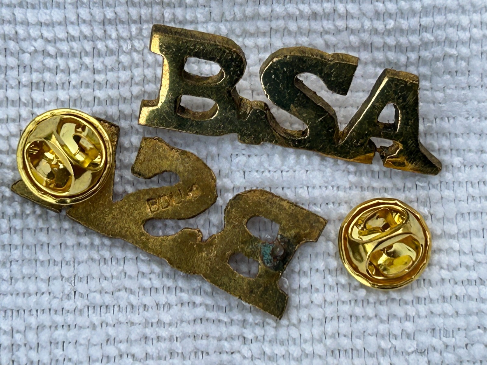 1910-era BSA brass collar legend REPLICA letters (Scouters Wear pin)
