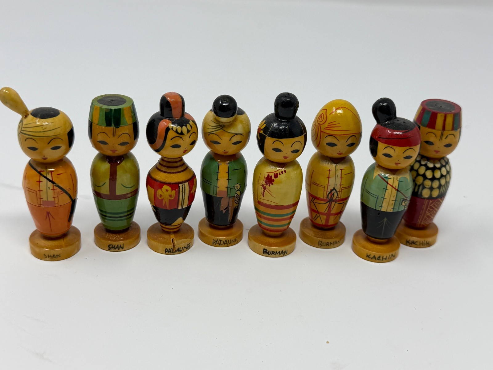 Vintage Thailand Hill Tribe Wooden Doll Set 8 Hand Painted Ethnic Figures Box