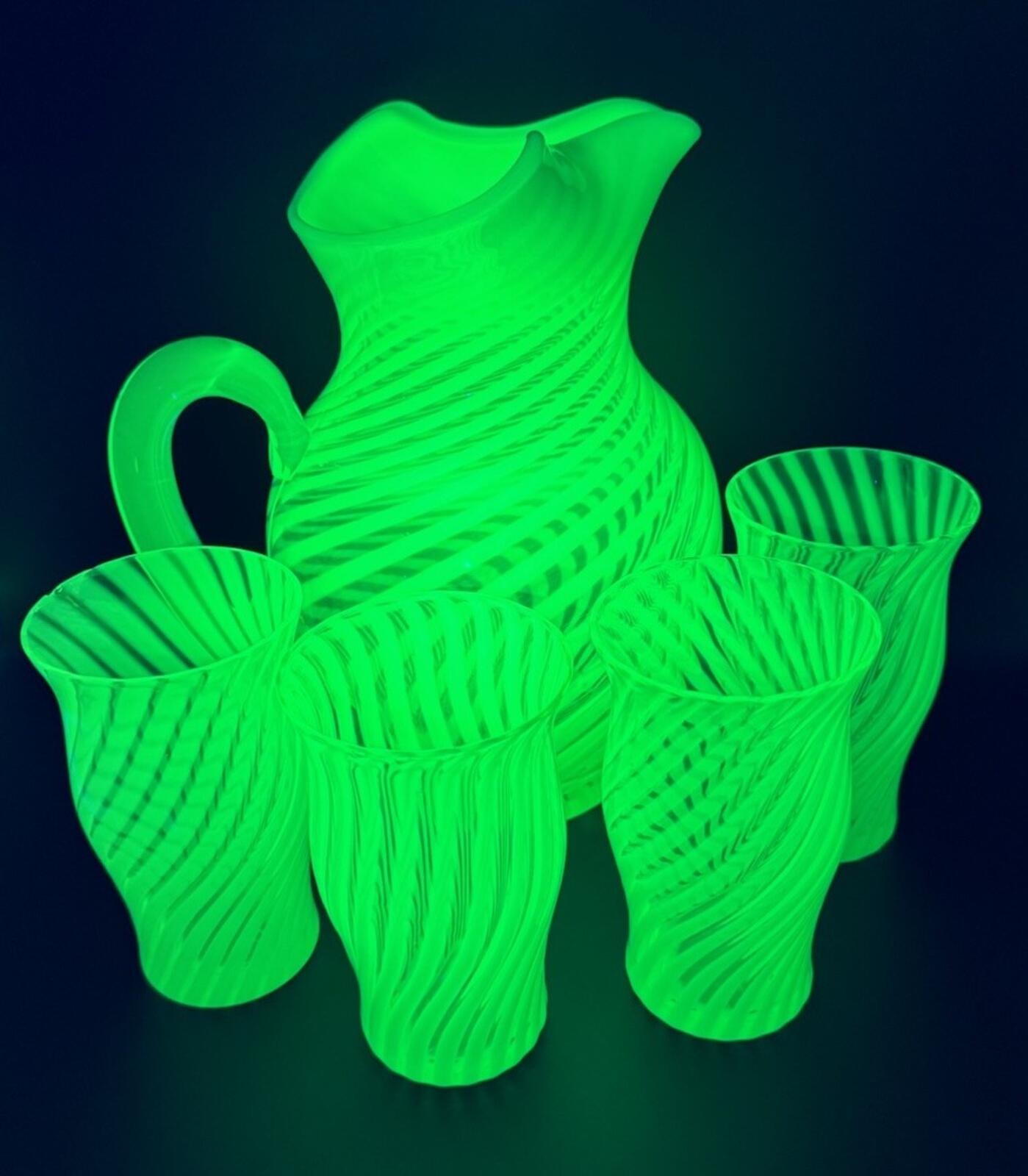 Rare Fenton 1930s Green Uranium Opalescent Swirl Pitcher Set w/4 Tumblers Rare Fenton 1930s Green Uranium Opalescent Swirl Pitcher Set w/4 Tumblers