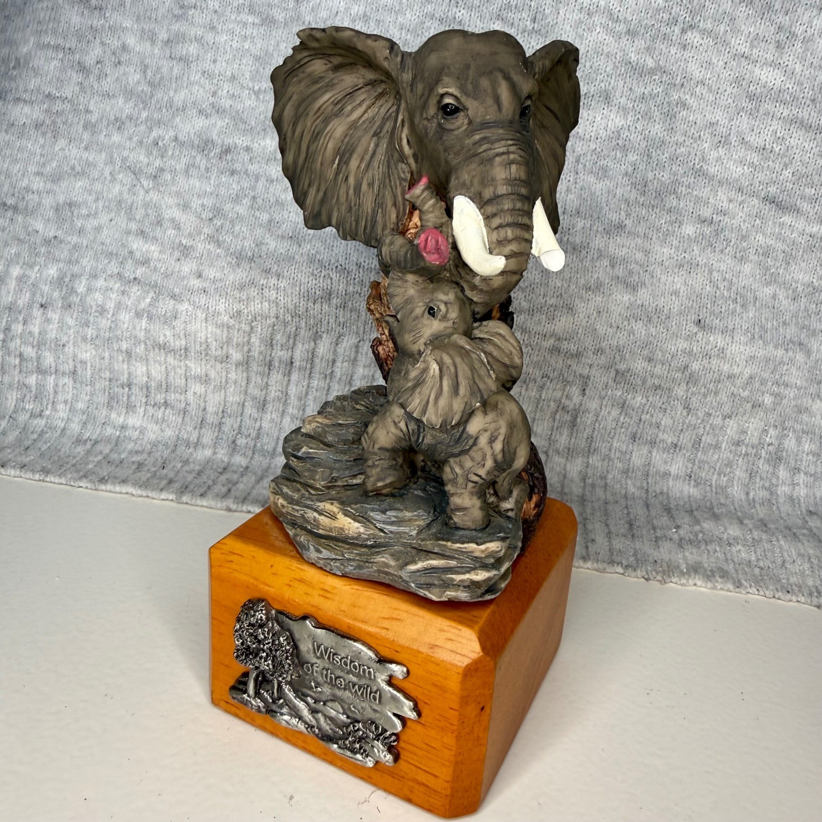 Herco Elephant Figurine Wisdom of the Wild Mother and Calf Statue Wood Base