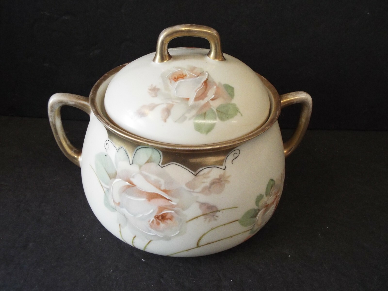 Antique Floral BAVARIA HAND PAINTED ROSES GOLD GERMAN COVERED  BOWL Signed 