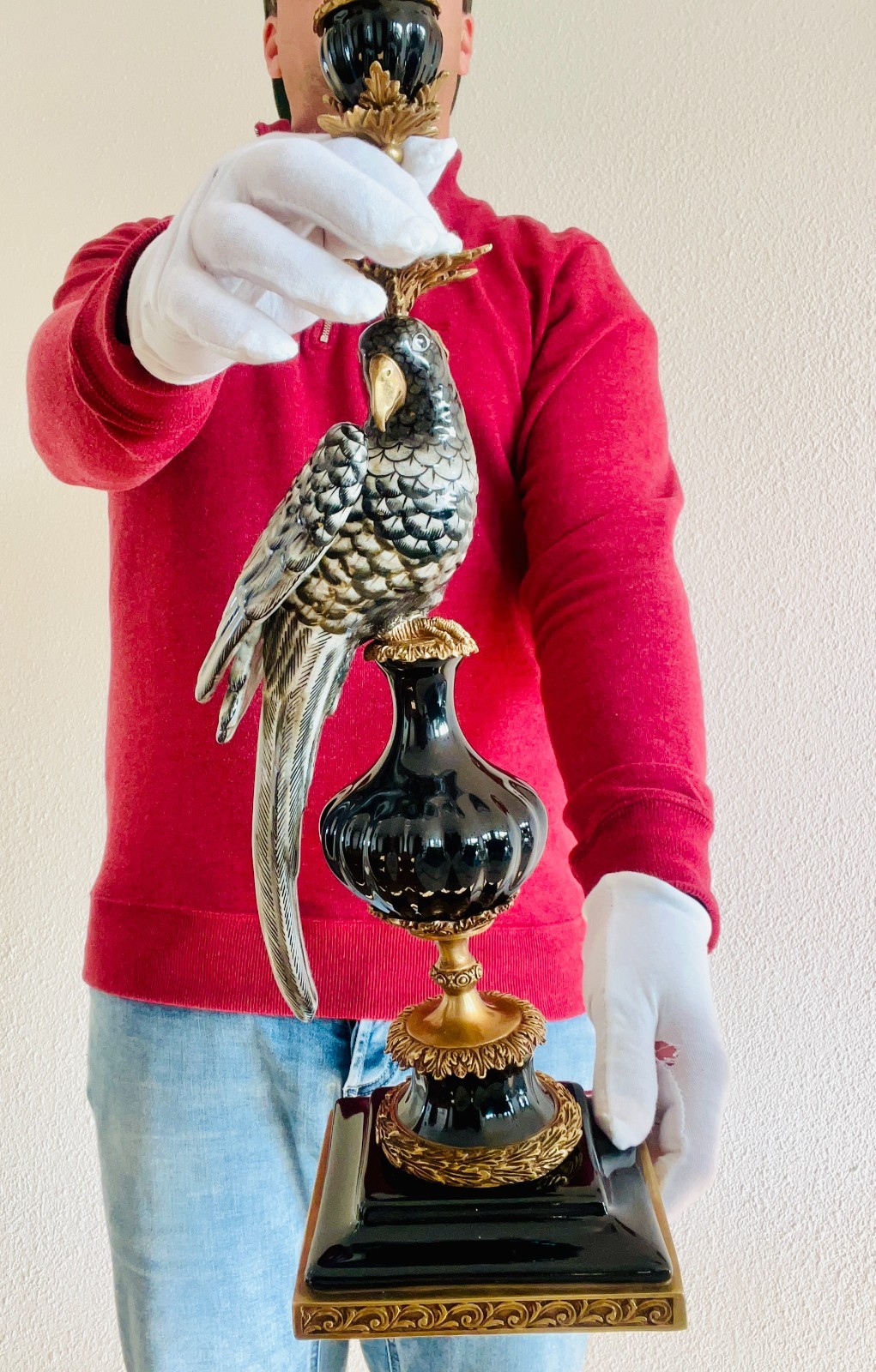 48 CM HUGE PAIR - BRONZE MOUNTED PORCELAIN PARROT CANDLE HOLDER MARKED