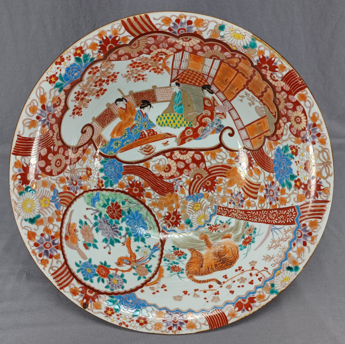 Japanese Hichozan Fukagawa Arita Asian Figures & Tiger Large Bowl Circa 1870