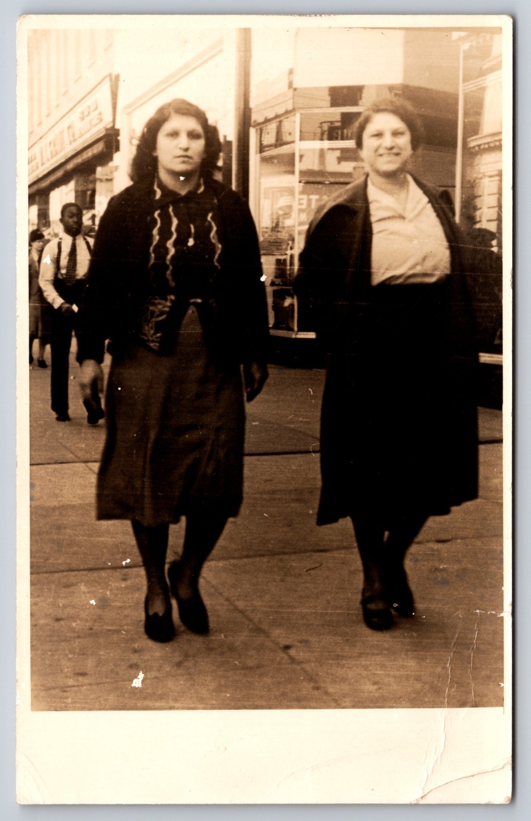 Candid Street View Of Two Women Walking On City Sidewalk RPPC 1940s