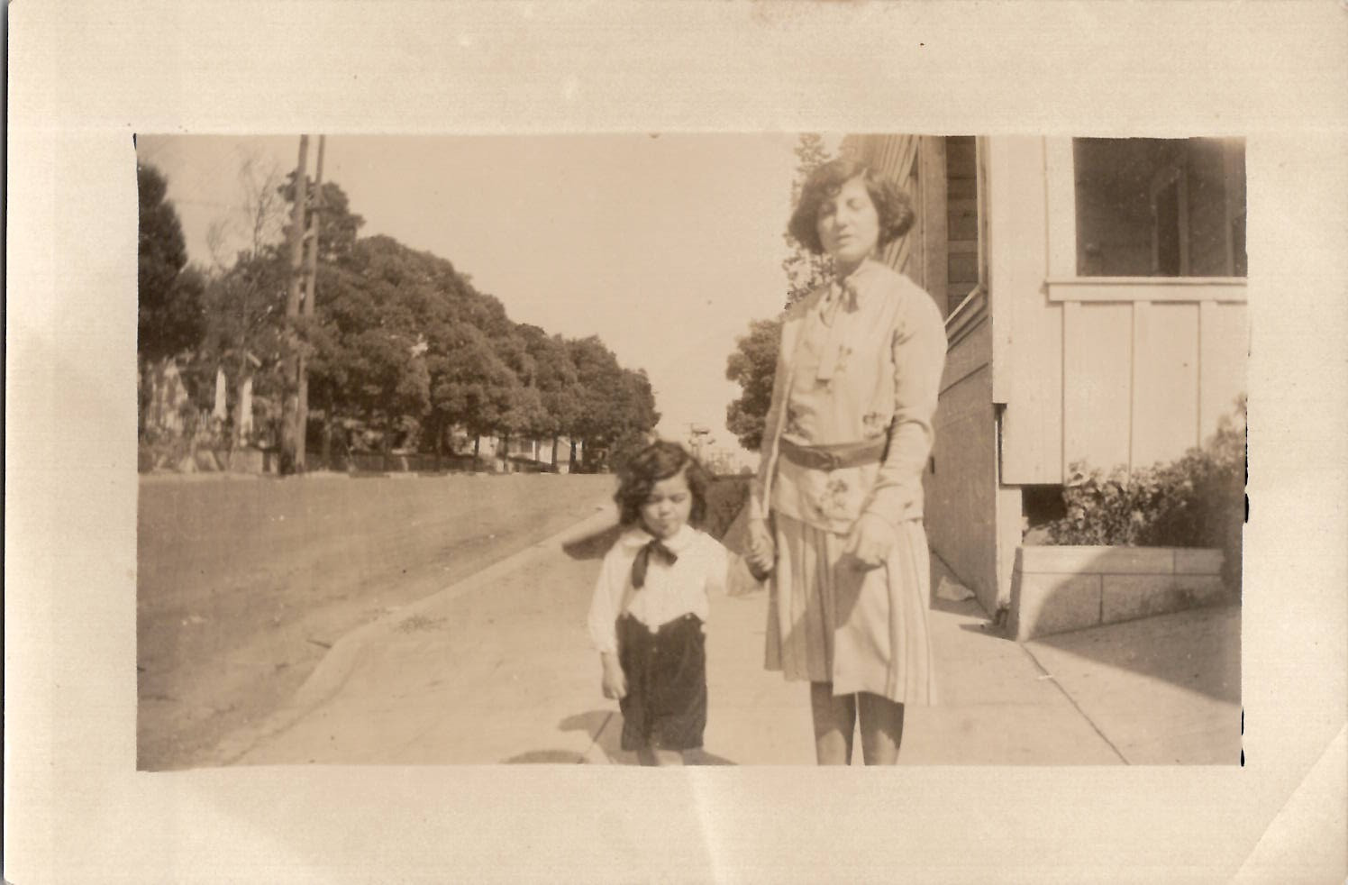 Pretty Classy Woman Walking Child Candid Street Snapshot 1930s Vintage Photo