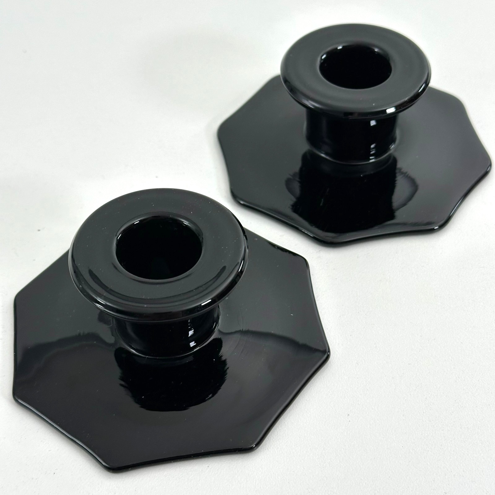 Vintage Depression Black Amethyst Glass Candle Holders Hexagon Base