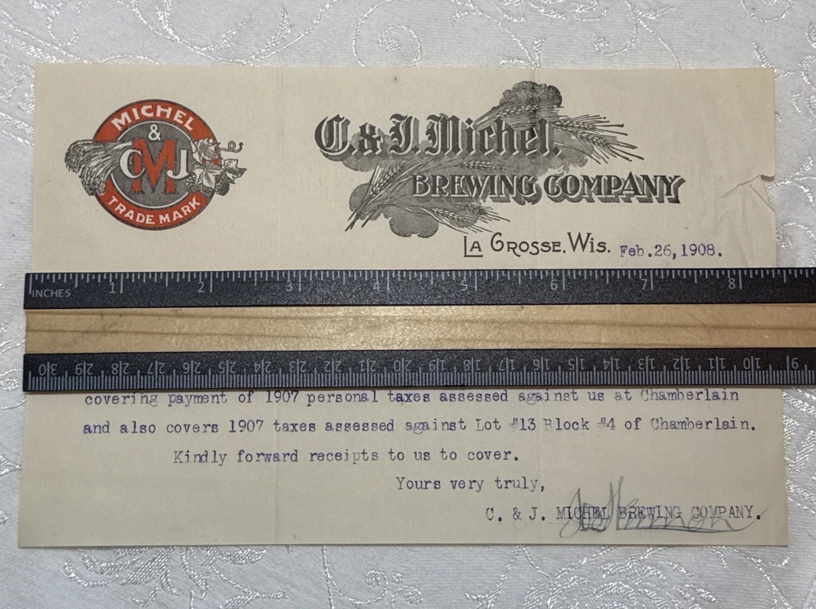 1908 Lacrosse Wisc C&J MICHEL BREWING COMPANY Business Letterhead Ephemera CUT