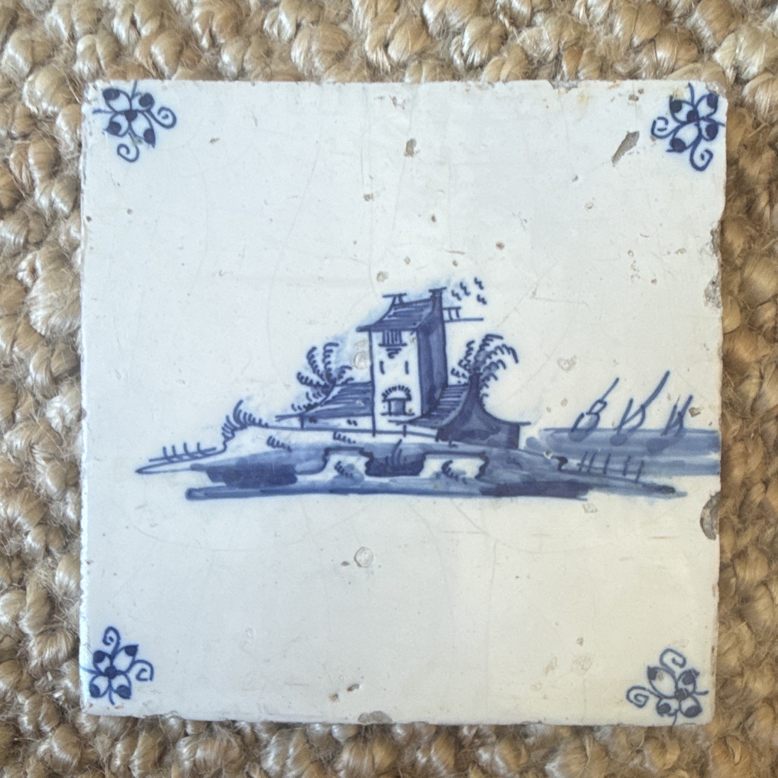 Late 17th Century Delft Blue & White Ceramic Landscape Square Wall Tile - Hamlet