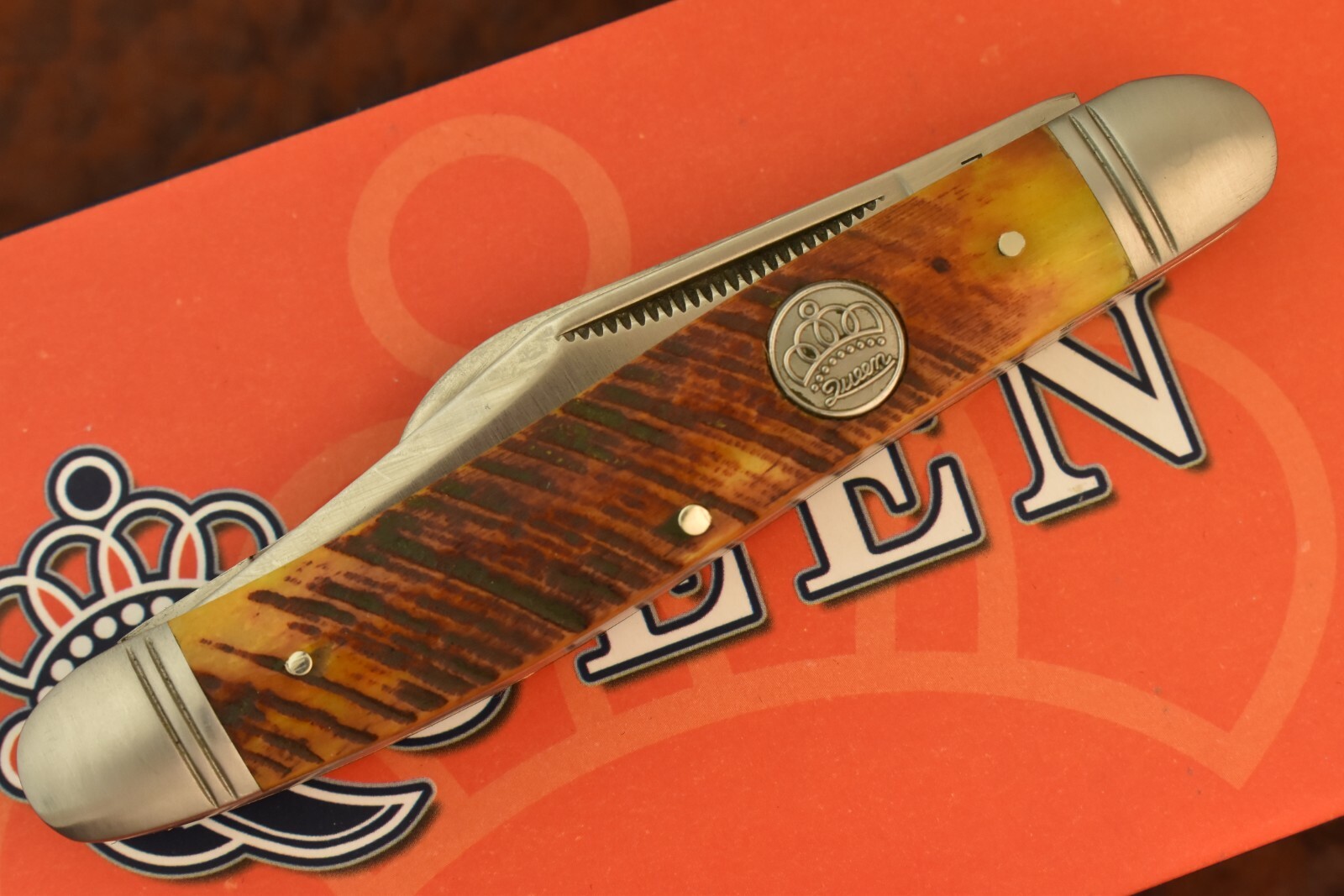 QUEEN CITY GENUINE SAWCUT BROWN BONE PREMIUM 3 BLADED STOCKMAN KNIFE NICE