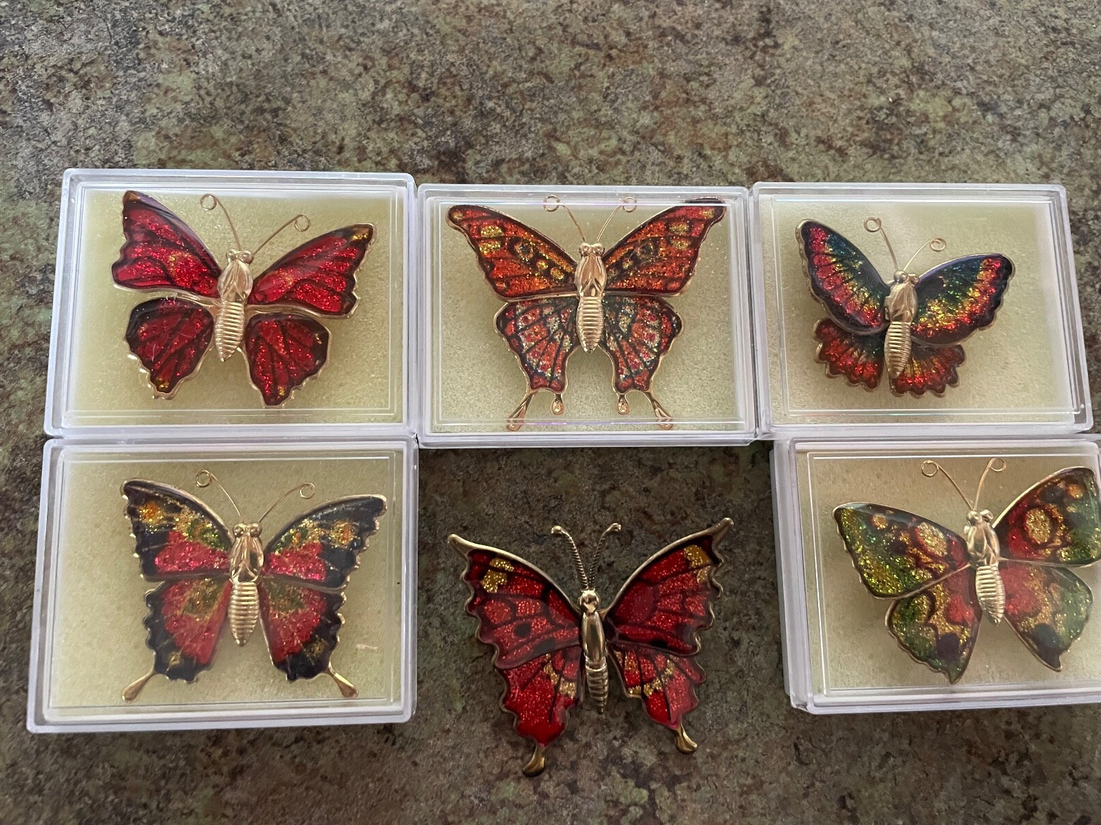 Enameled Metal Iridescent BUTTERFLY PINS BROOCH BROOCHES Set of 6, all different