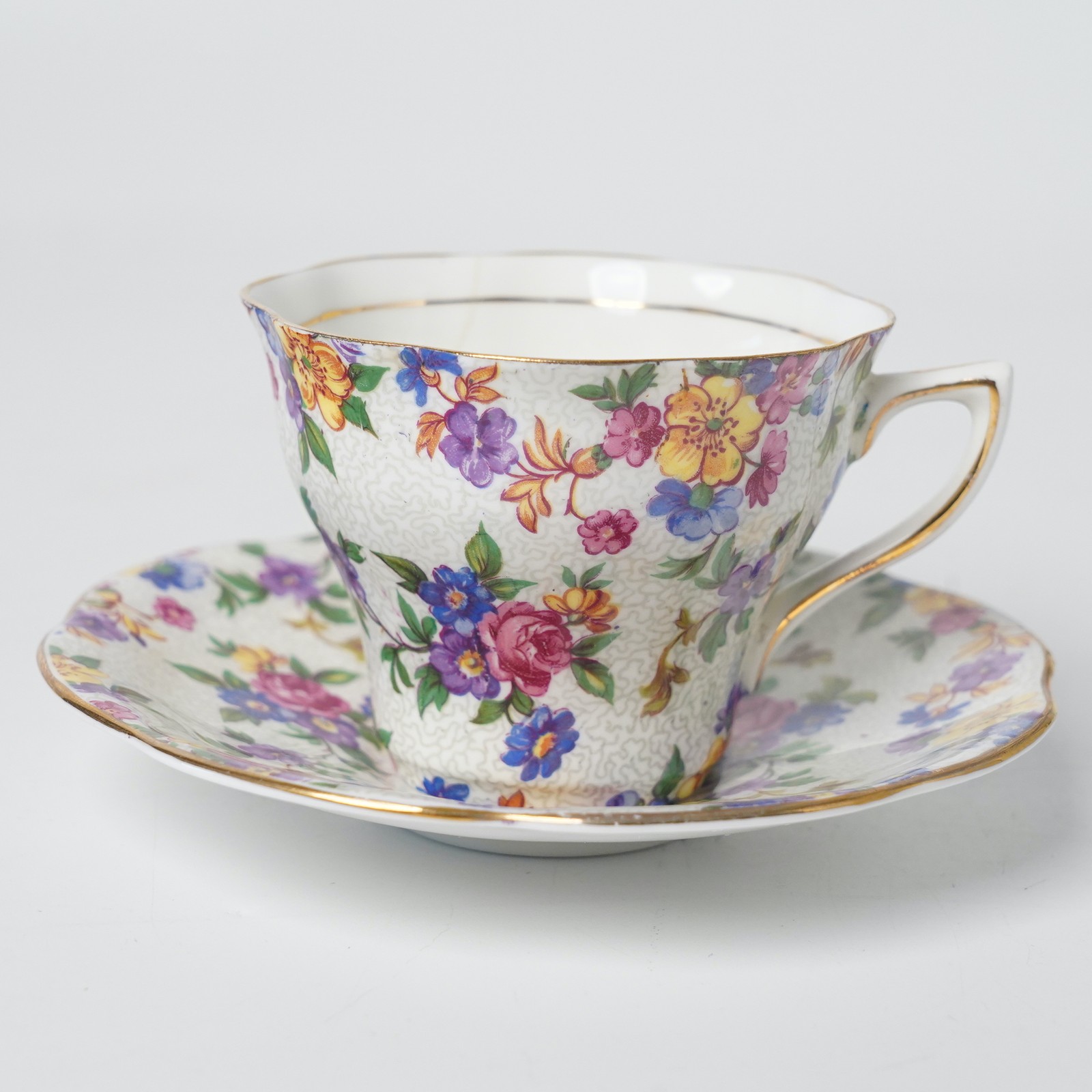 Vintage Rosina Bone China Chintz Floral Teacup & Saucer Gold Trim England