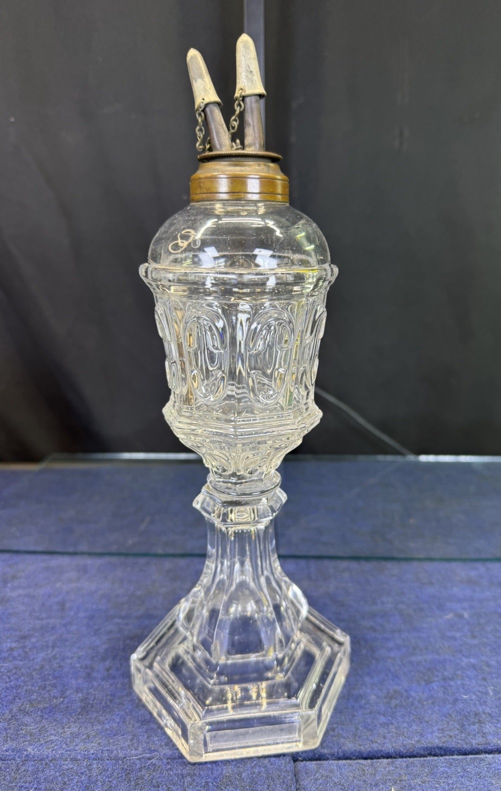Antique c.1850–1865 Glass Burning Fluid Camphene Lamp Double Burner