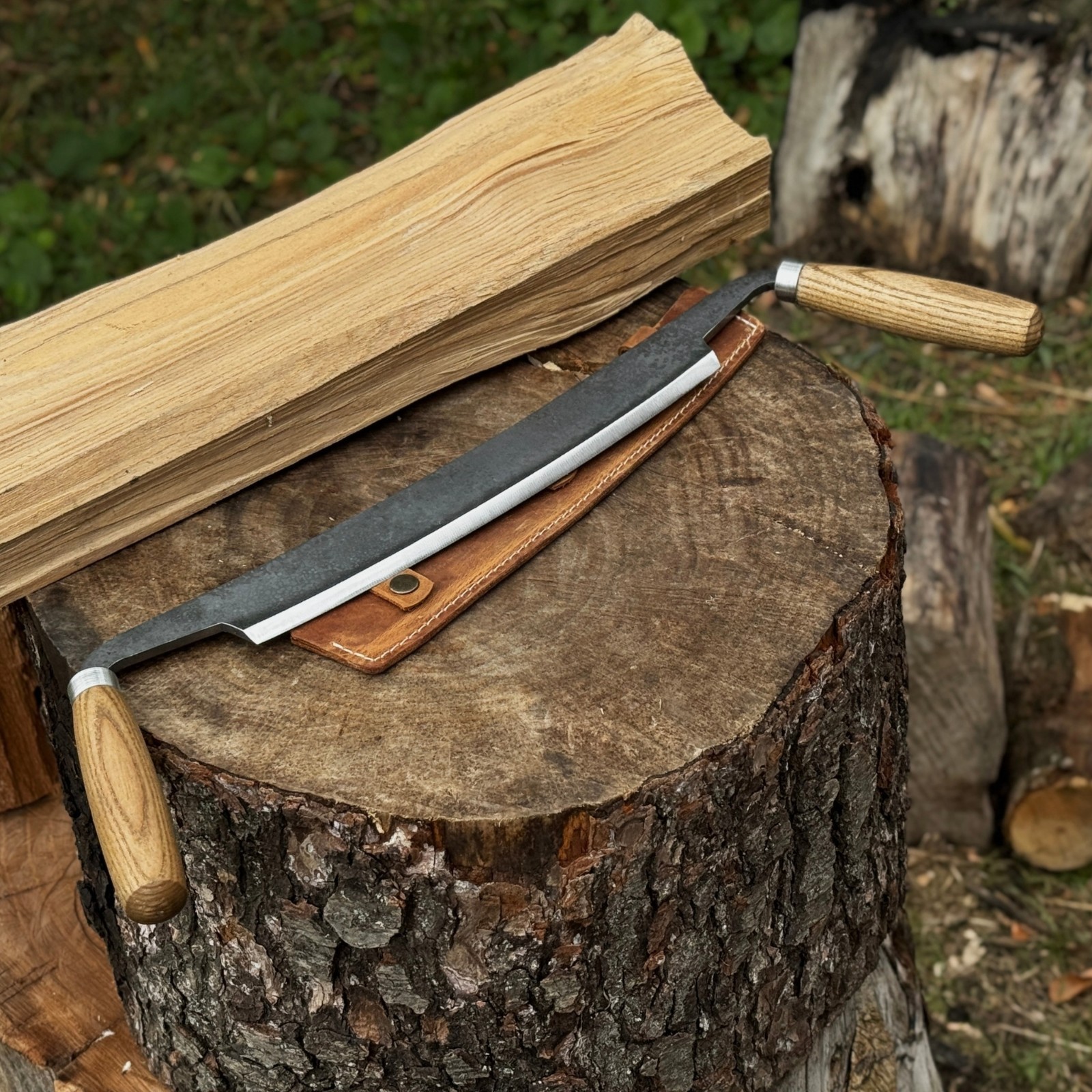 Straight Drawknife for Woodworking - Carbon 52100 Steel, Ash Handle, Sheath
