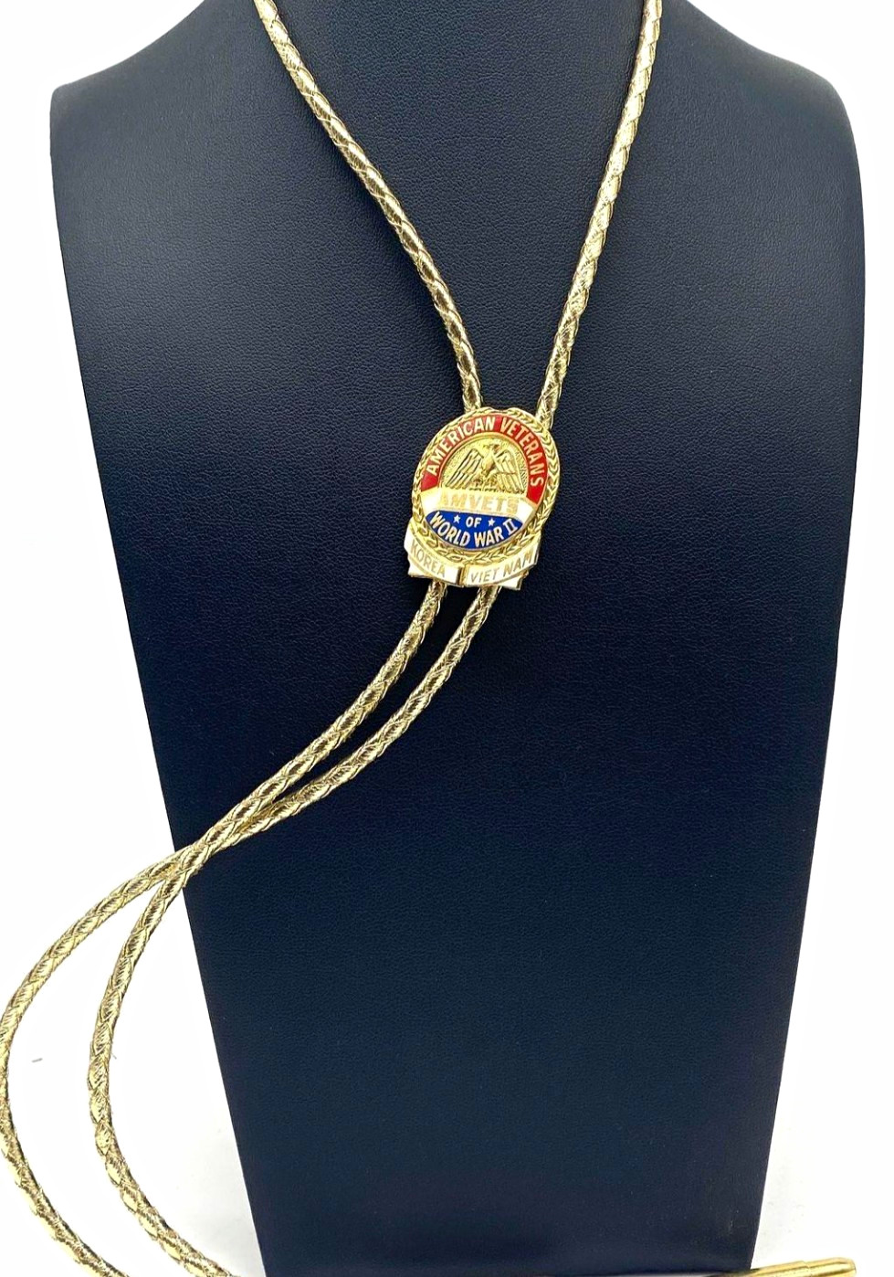 Vintage AMVETS WWII Korea Vietnam Veterans Bolo Tie Gold Tone Enamel