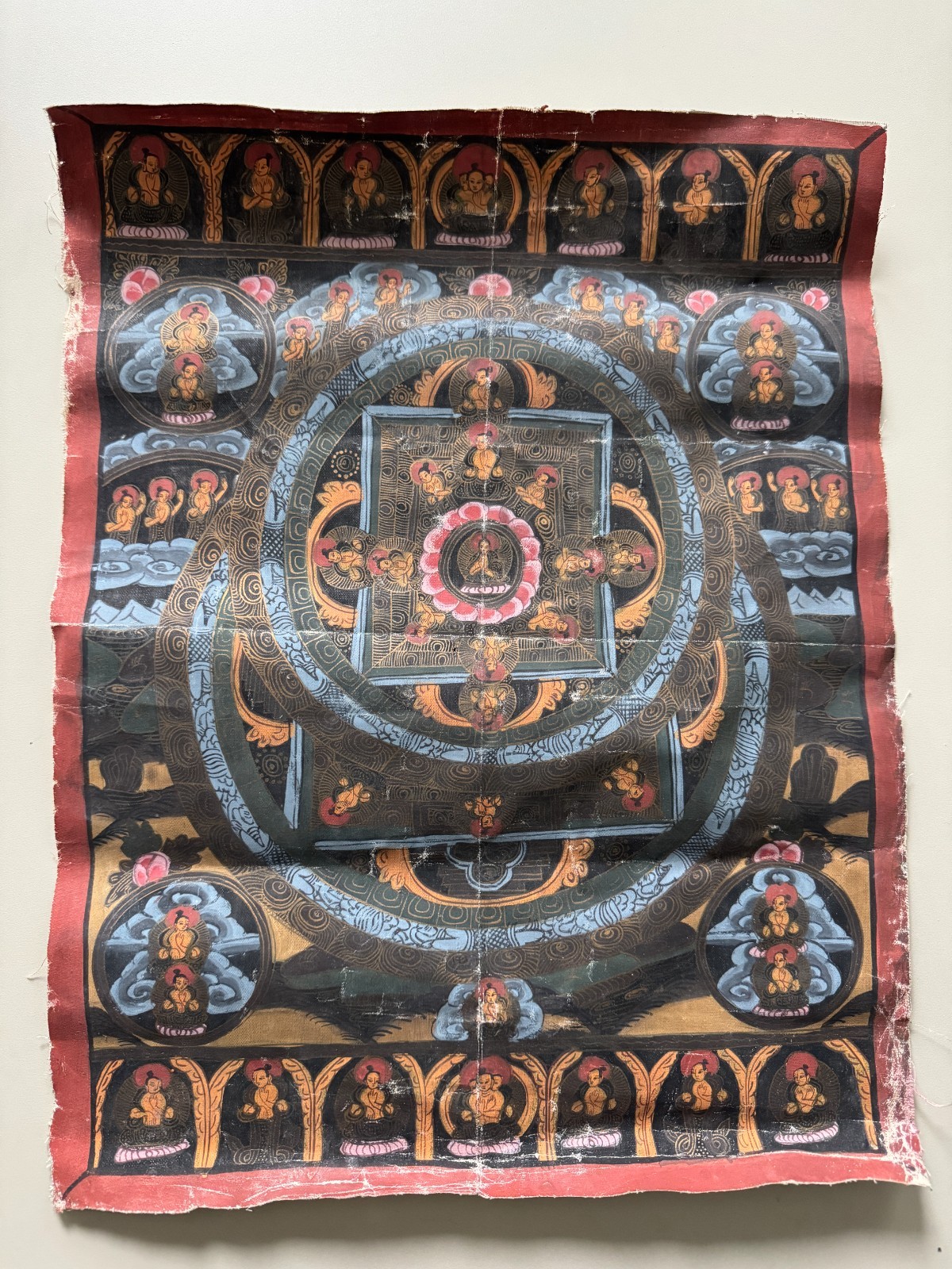Vintage Tibetan Buddhist Mandala Thangka Hand Painted Cotton Nepal Buddha Art