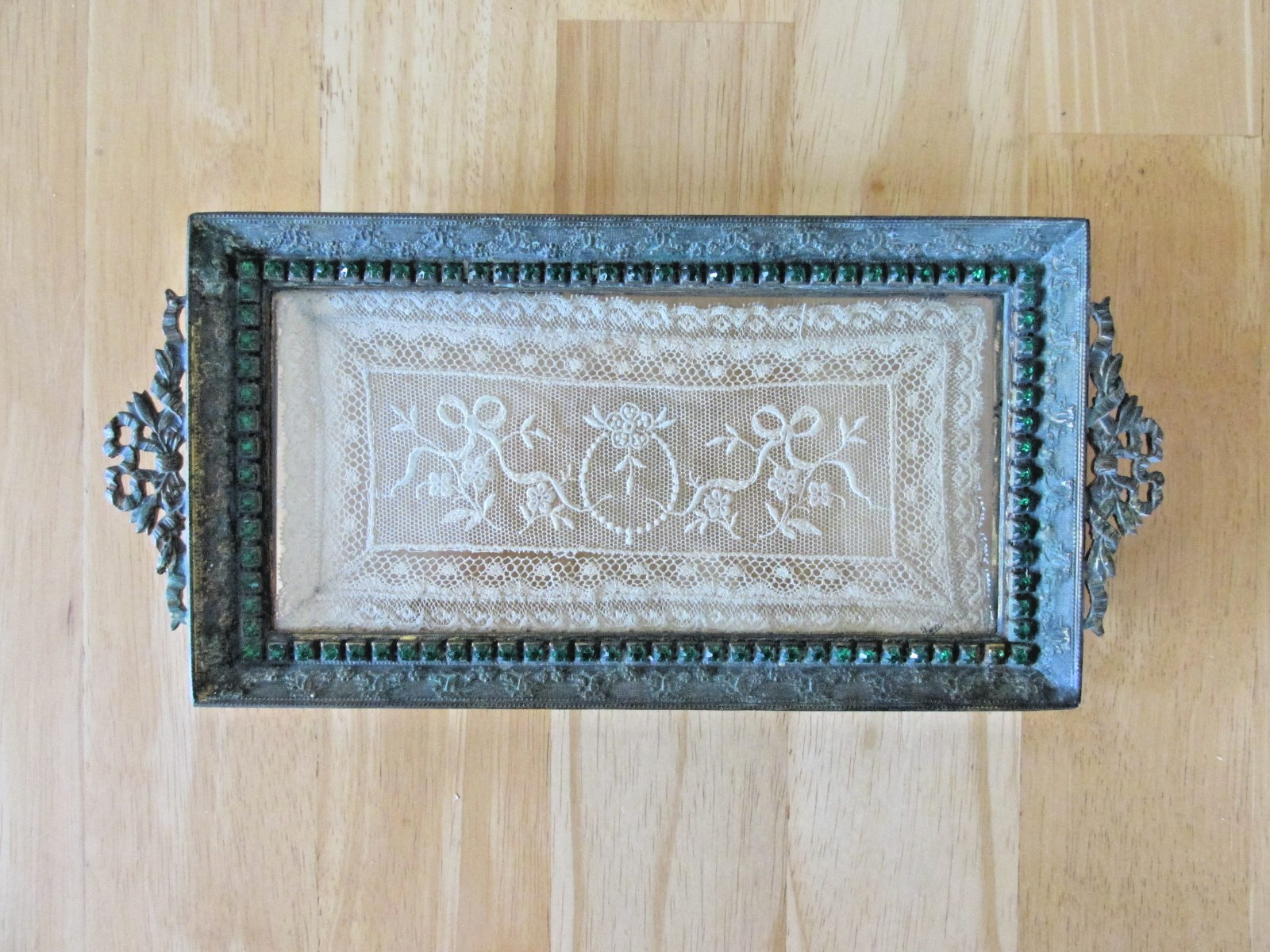 Antique E. & J.B. Empire Art Gold Vanity Perfume Tray Emerald Rhinestone
