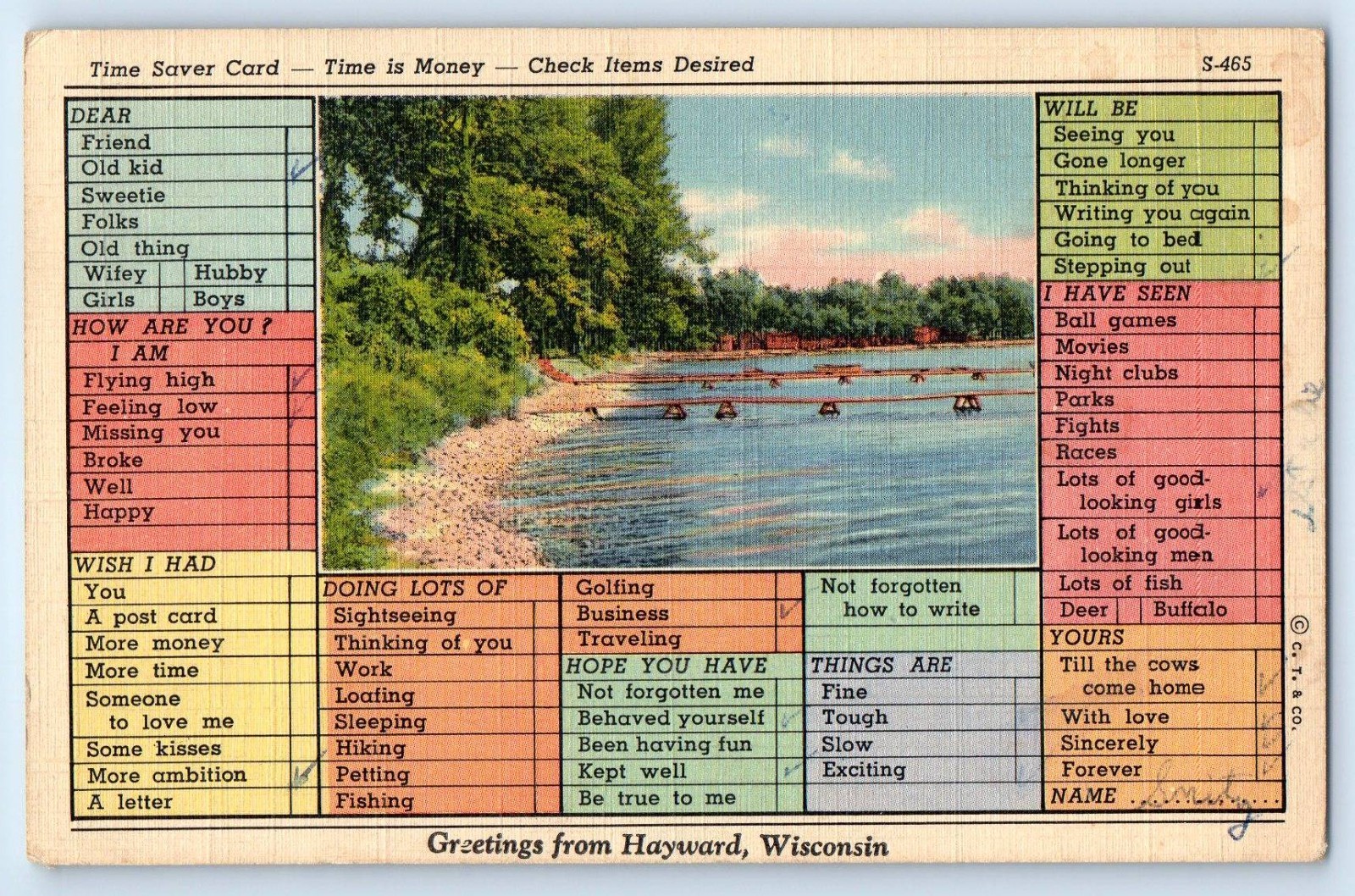 1940 Wisconsin WI Vintage Postcard Greetings From Hayward Time Saver Card Posted