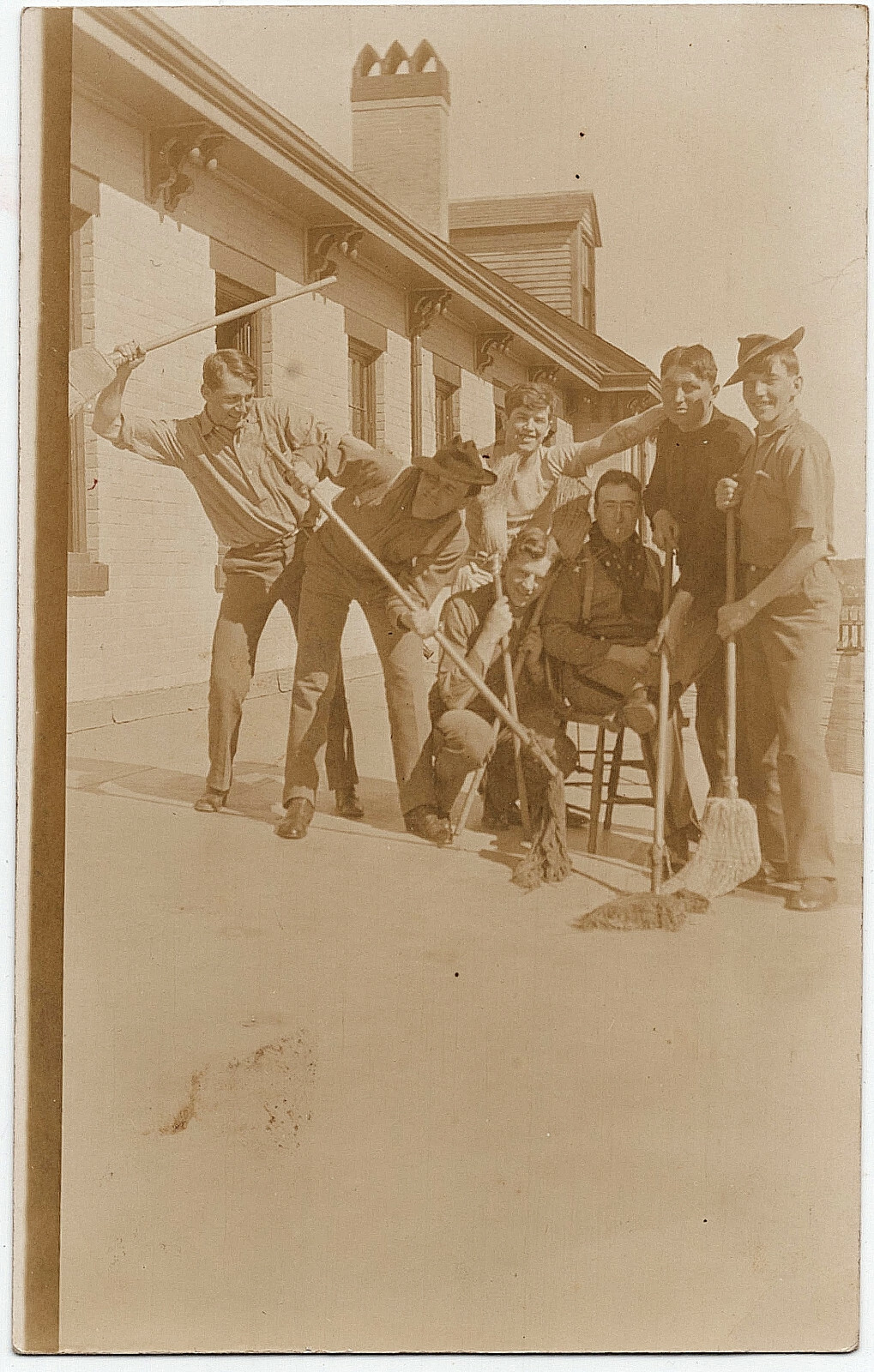 Funny RPPC 1907-18 Men Fight with Brooms Occupational Real Photo Postcard Work