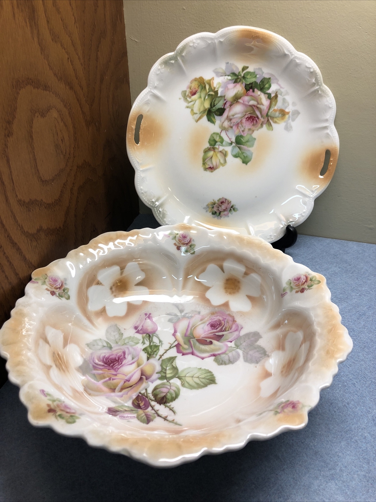 2 Vintage Germany Pink Rose w/ Peach Lustre SERVING dishes 10.5\