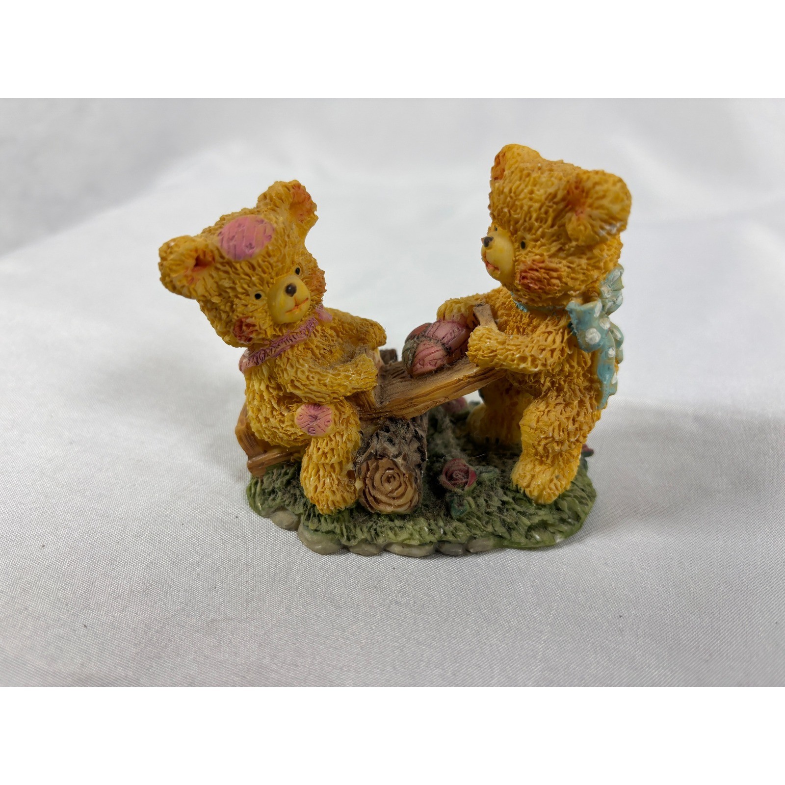 Vintage Teddy Bear Seesaw Figurine Resin Miniature Bears Playing with Roses