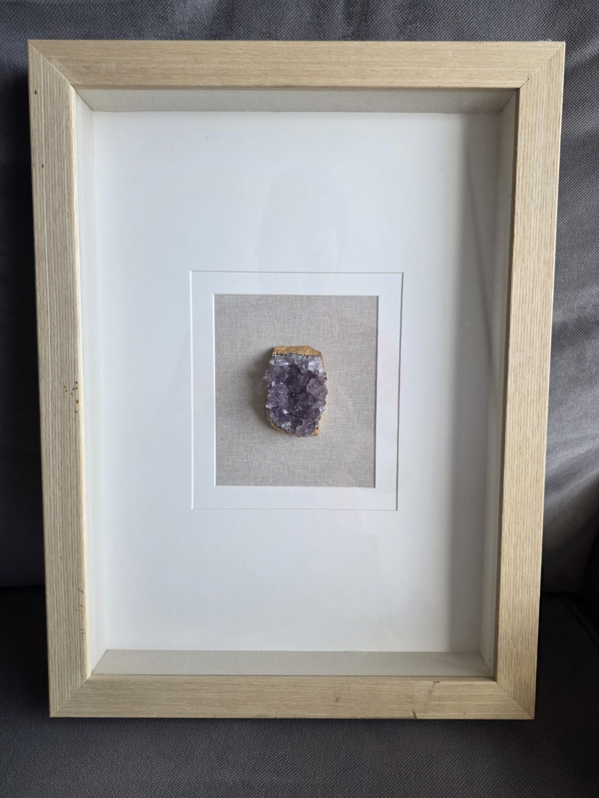 Natural Amethyst Crystal Framed Shadow Box Wall Art 3D Geode Light Wood Frame