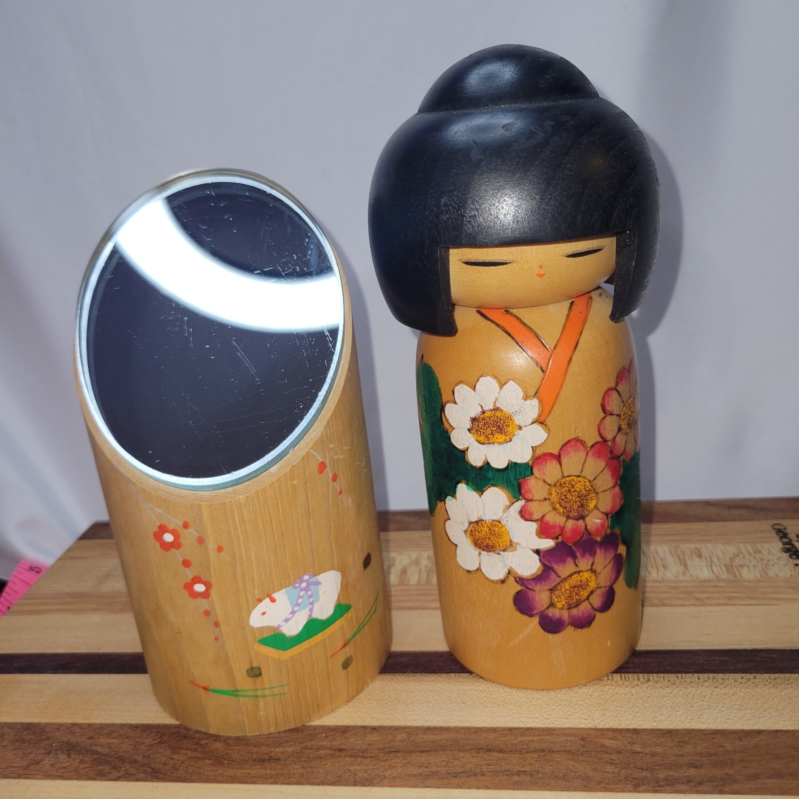 Vintage Japanese Kokeshi Doll & Bamboo Vanity Makeup Mirror Set OOAK Set
