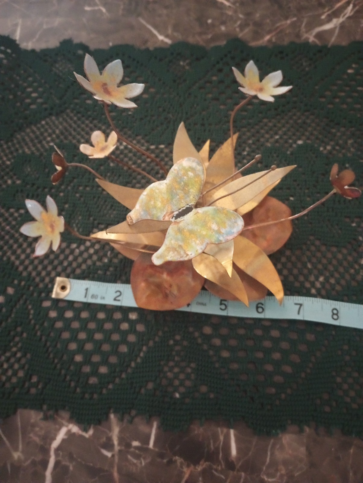 Vtg Signed Metal Enamel Toleware Flower Floral table top Butterfly 70s Vtg Signed Metal Enamel Toleware Flower Floral table top Butterfly 70s