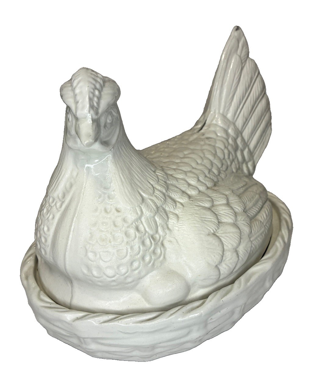 Large White Handmade Ceramic Hen On Nest Chicken Covered Dish of see pics Flaws