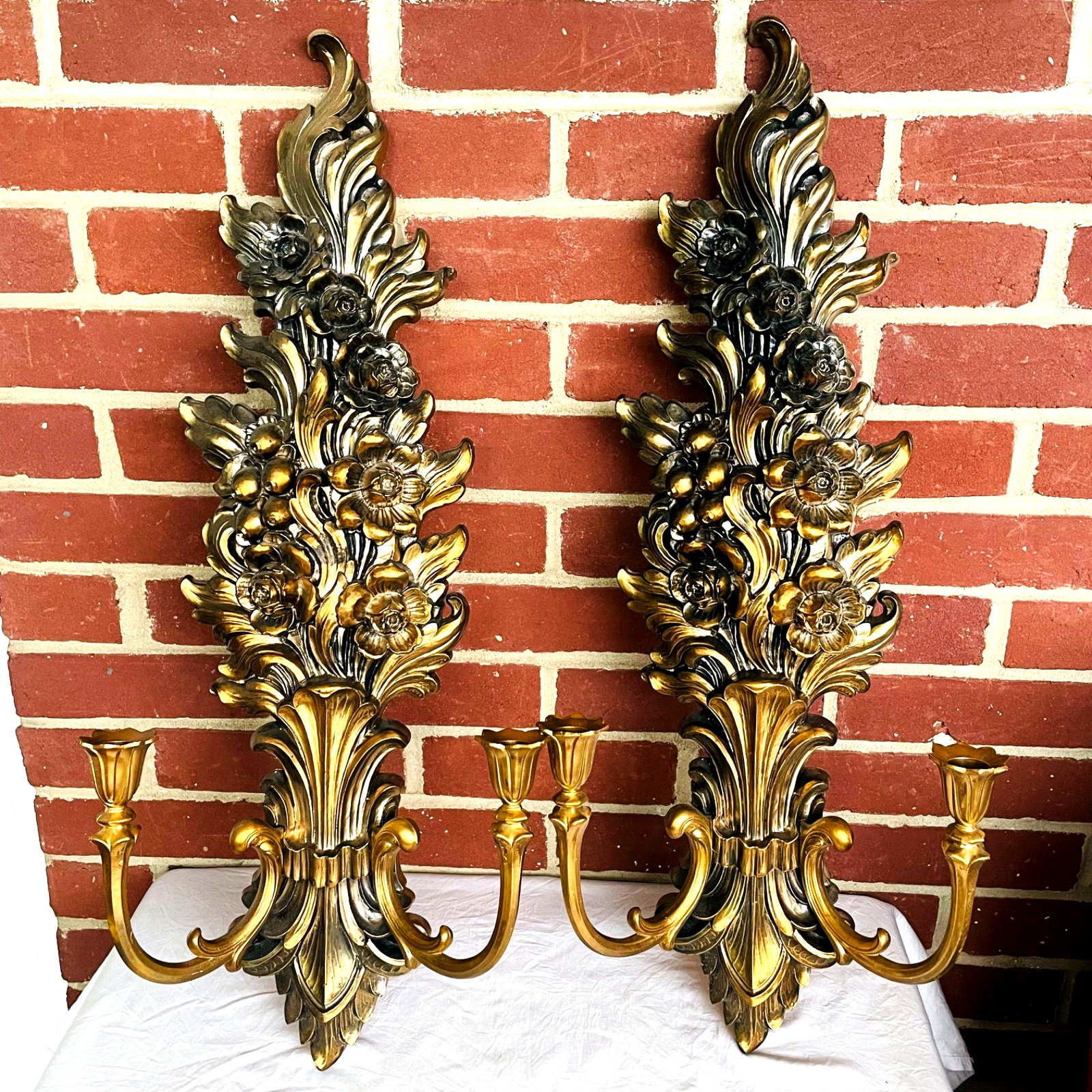 2 VTG Syroco 4133 Gold Wall Candle Holders Pair Hollywood Regency Floral Sconces