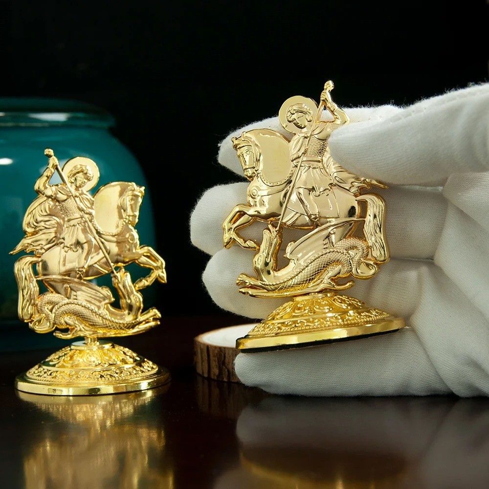 Orthodox Saint George Alabaster Statue Horse Slaying Dragon Religious Art